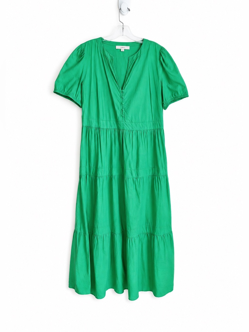 LOFT Tiered  Puff Sleeve Midi Dress in Kelly Green Size 12 - Picture 2 of 15
